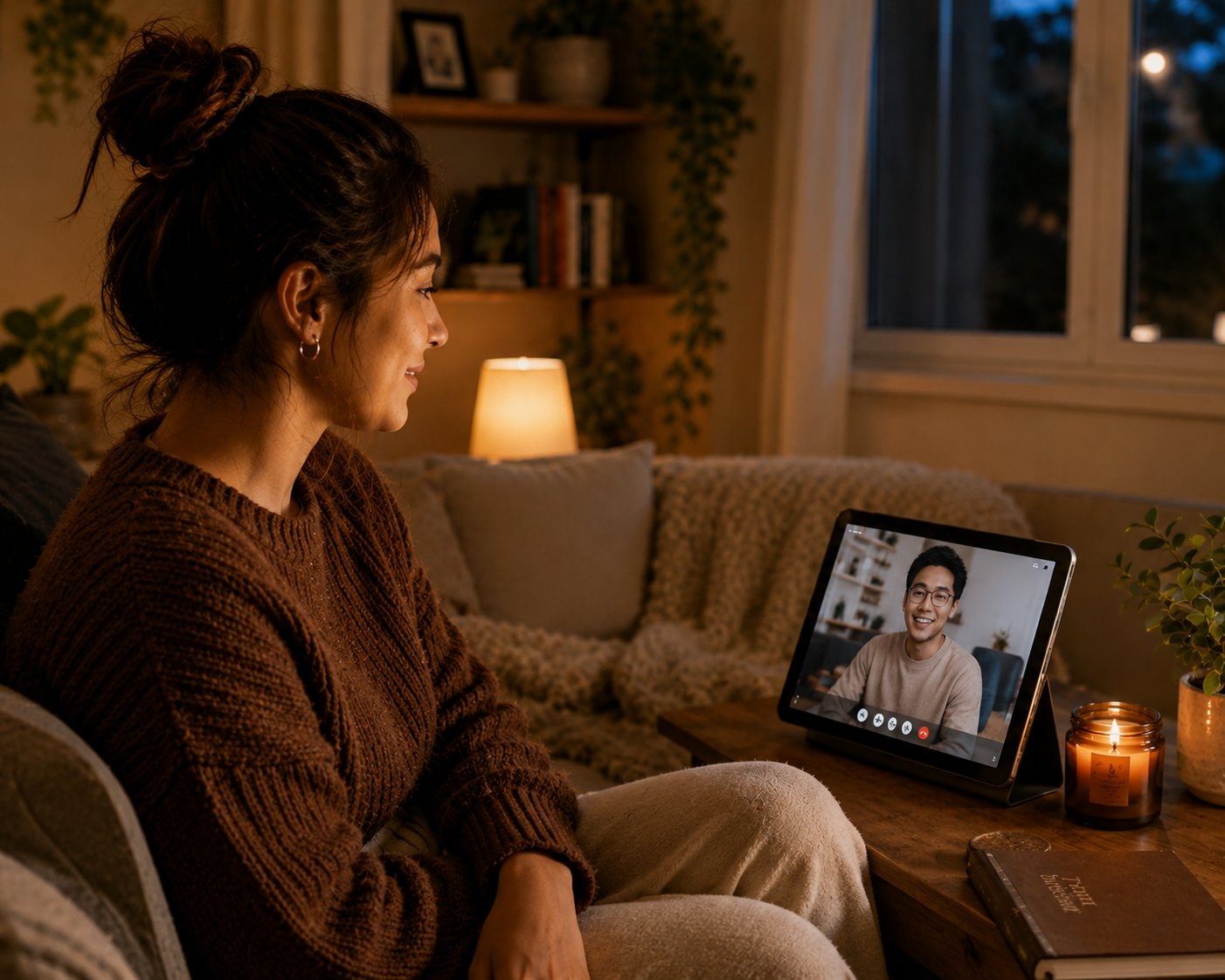 Maryland telehealth therapy client at home in the evening, in a calm conversation with her real licensed clinician on a tablet — KindMind Center