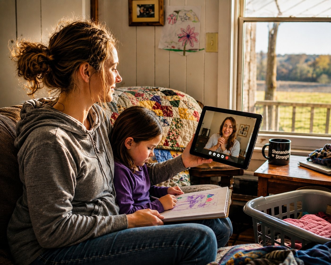 A Maryland mother and young daughter at home in their rural farmhouse, doing a telehealth therapy session together — KindMind Center reaches every corner of Maryland