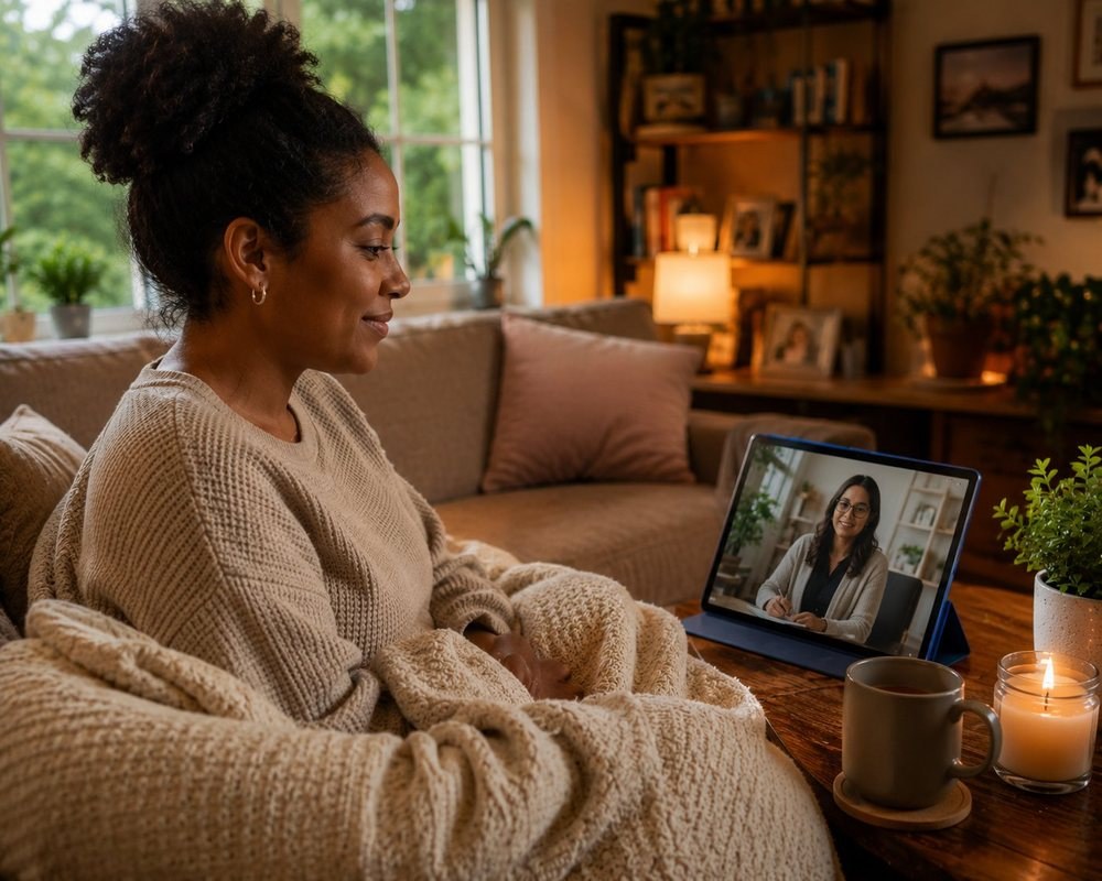 A woman having a warm telehealth therapy session from her living room couch