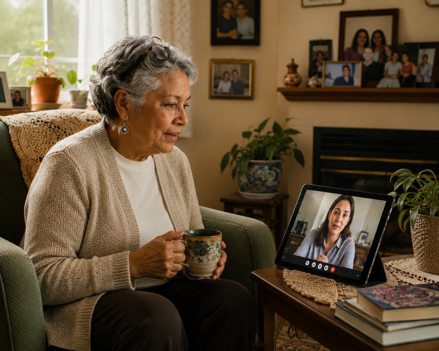 An older Maryland adult at home in her armchair having a real, warm conversation with her real licensed therapist over video — KindMind Center