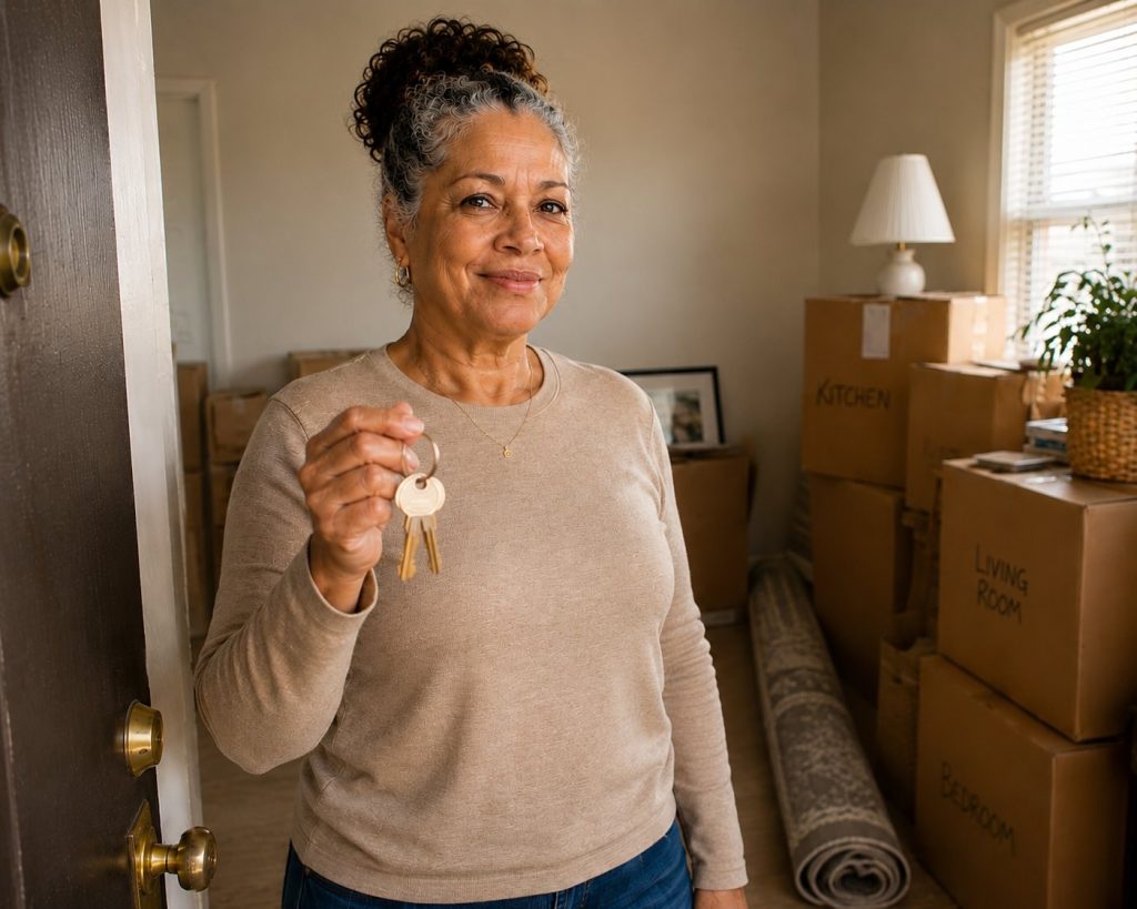 A Maryland adult standing in the doorway of her new apartment holding keys, surrounded by labeled moving boxes — KindMind Center PRP adult life-skills support