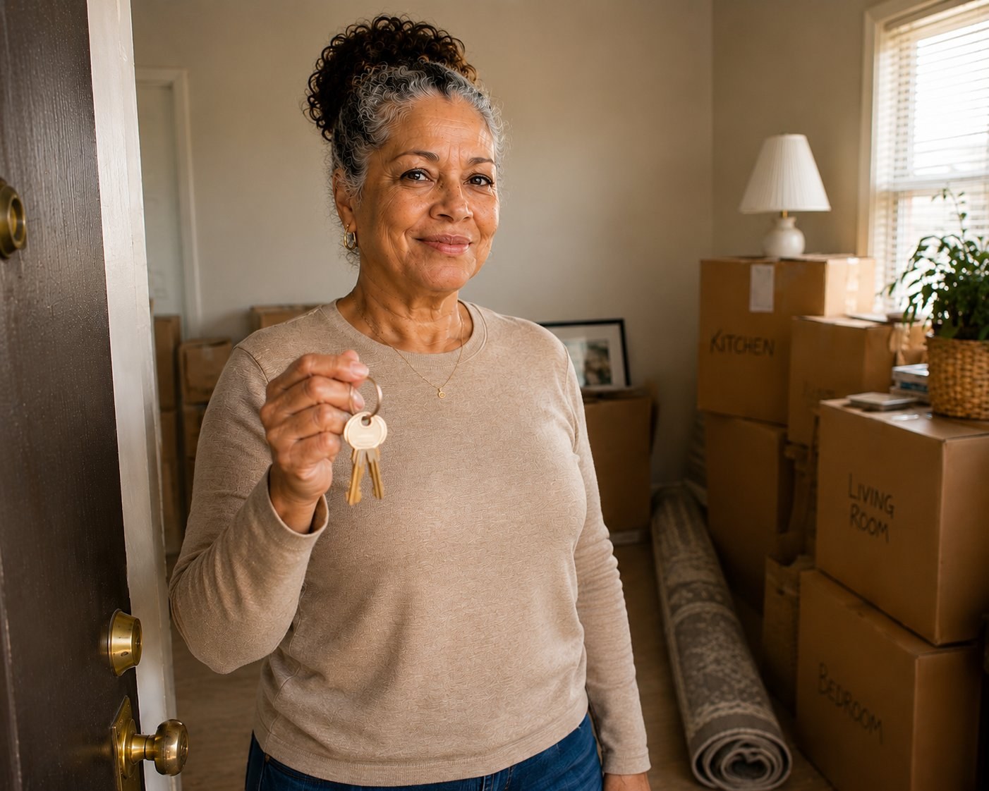 A Maryland adult standing in the doorway of her new apartment holding keys, surrounded by labeled moving boxes — KindMind Center PRP adult life-skills support