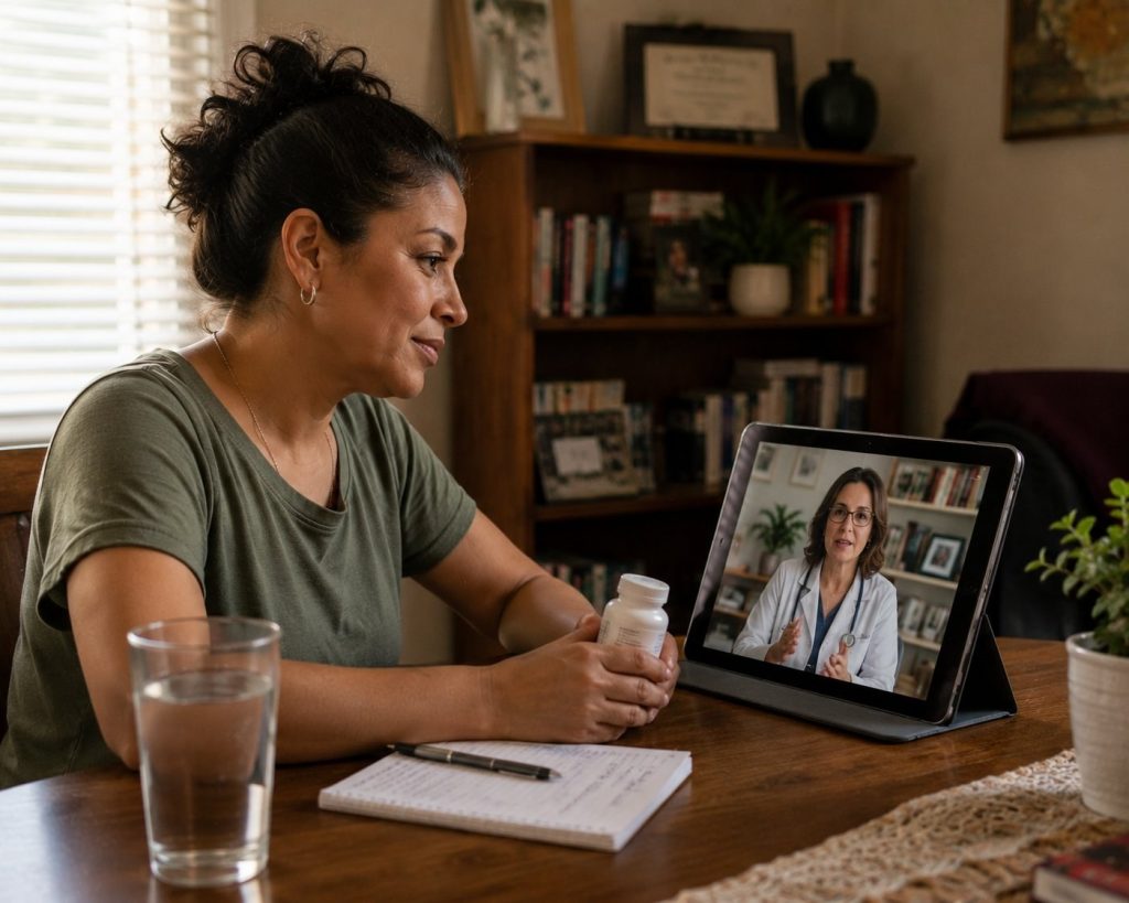 A Maryland adult consulting with a psychiatric clinician in a white coat on a telehealth call — KindMind Center medication management