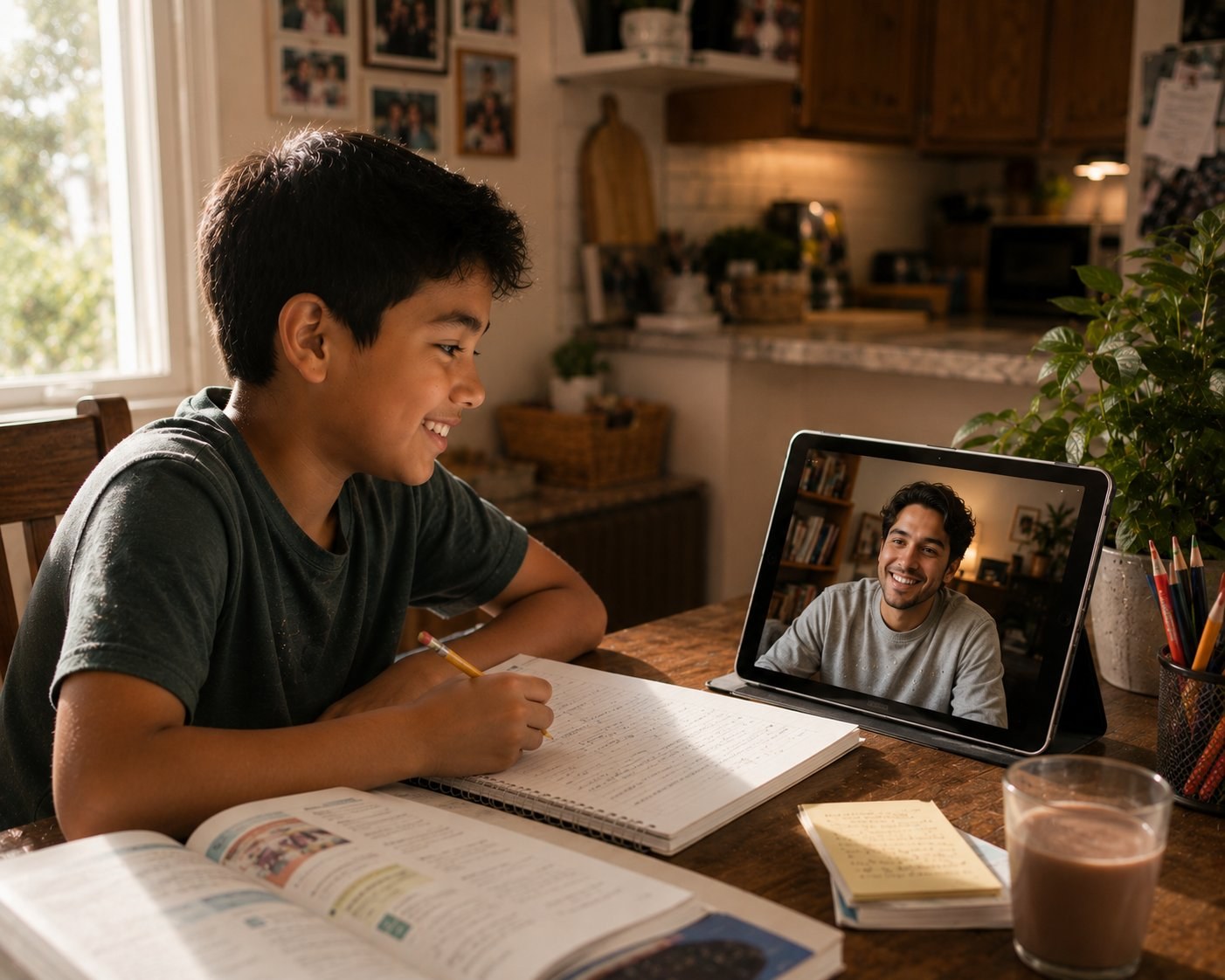 Maryland child doing homework with a therapeutic mentor on a tablet — KindMind Center Big Brothers and Big Sisters