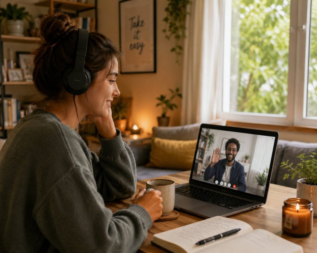 A Maryland client at home in a cozy kitchen, smiling during a telehealth therapy session with a real licensed clinician — KindMind Center