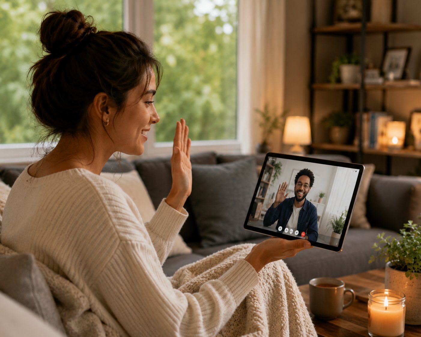 Maryland telehealth therapy client at home in daylight, smiling and waving to her real licensed clinician on a tablet — KindMind Center care for the whole person
